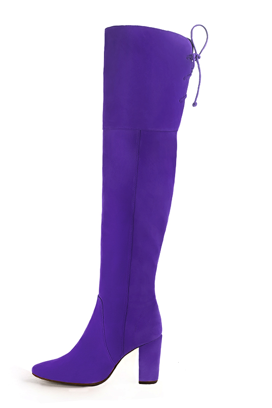 Violet purple women's leather thigh-high boots. Round toe. High block heels. Made to measure. Profile view - Florence KOOIJMAN